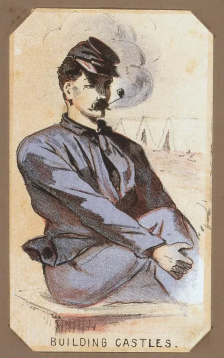 Framed Print : The Civil War, Life in Camp, Building Castles, souvenir card showing the daily life of Union soldiers on the front, in the camp and on furlough, chromolithograph by Winslow Homer