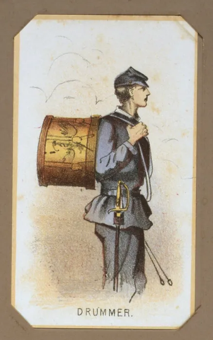 Framed Print : The Civil War, Life in Camp, Drummer, souvenir card showing the daily life of Union soldiers on the front, in the camp and on furlough, chromolithograph by Winslow Homer