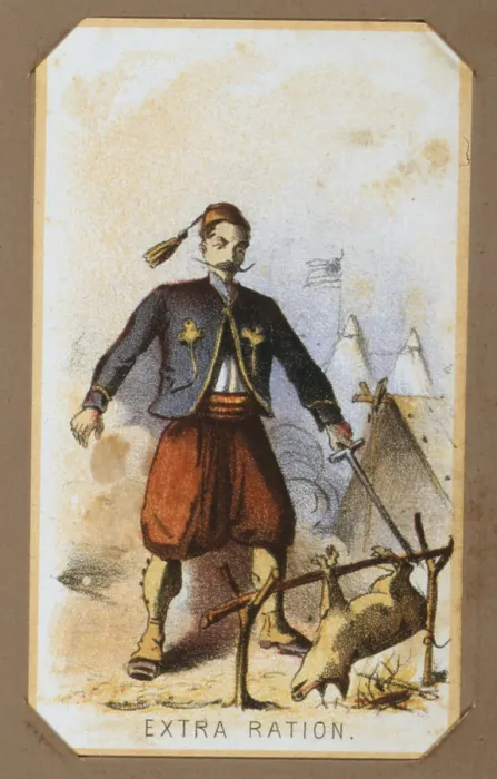 Framed Print : The Civil War, Life in Camp, Extra Ration, with member of the Zouave Unit, souvenir card showing the daily life of Union soldiers on the front, in the camp and on furlough Framed Print : The Civil War, Life in Camp, Extra Ration, with member of the Zouave Unit, souvenir card showing the daily life of Union soldiers on the front, in the camp and on furlough