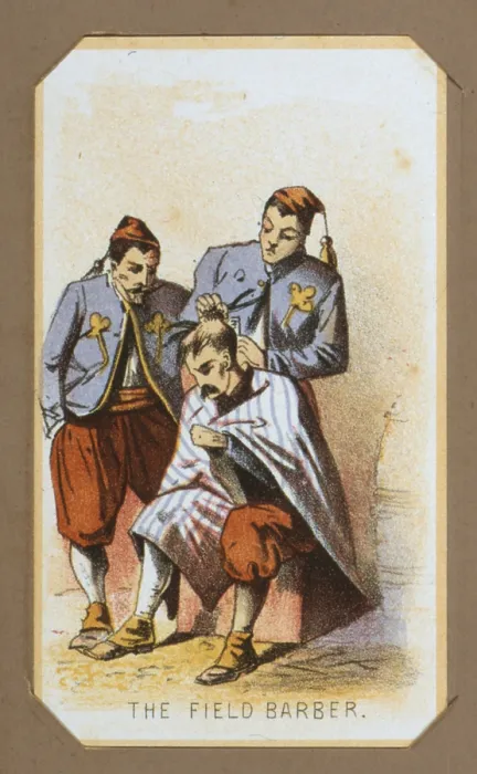 Framed Print : The Civil War, Life in Camp, The Field Barber, with members of the Zouave Unit, souvenir card showing the daily life of Union soldiers on the front, in the camp and on furlough
