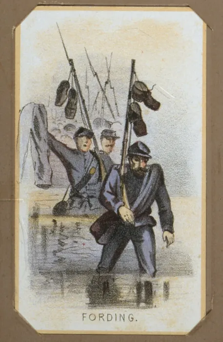 Framed Print : The Civil War, Life in Camp, Fording, souvenir card showing the daily life of Union soldiers on the front, in the camp and on furlough, chromolithograph by Winslow Homer
