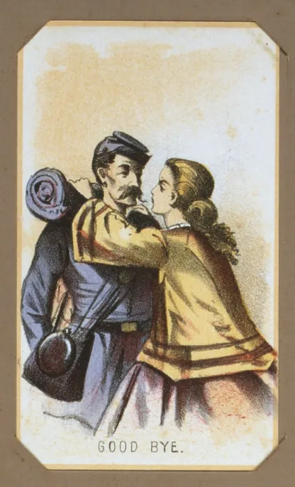 Framed Print : The Civil War, Life in Camp, Good Bye, souvenir card showing the daily life of Union soldiers on the front, in the camp and on furlough, chromolithograph by Winslow Homer