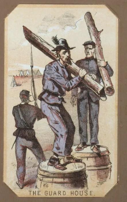 Framed Print : The Civil War, Life in Camp, The Guard House, souvenir card showing the daily life of Union soldiers on the front, in the camp and on furlough, chromolithograph by Winslow Homer Framed Print : The Civil War, Life in Camp, The Guard House, souvenir card showing the daily life of Union soldiers on the front, in the camp and on furlough, chromolithograph by Winslow Homer