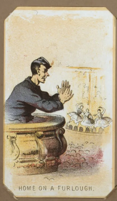 Framed Print : The Civil War, Life in Camp, Home on a Furlough, souvenir card showing the daily life of Union soldiers on the front, in the camp and on furlough