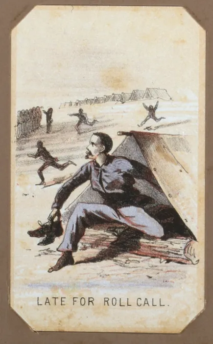 Framed Print : The Civil War, Life in Camp, Late For Roll Call, souvenir card showing the daily life of Union soldiers on the front, in the camp and on furlough, chromolithograph Winslow Homer Framed Print : The Civil War, Life in Camp, Late For Roll Call, souvenir card showing the daily life of Union soldiers on the front, in the camp and on furlough, chromolithograph Winslow Homer