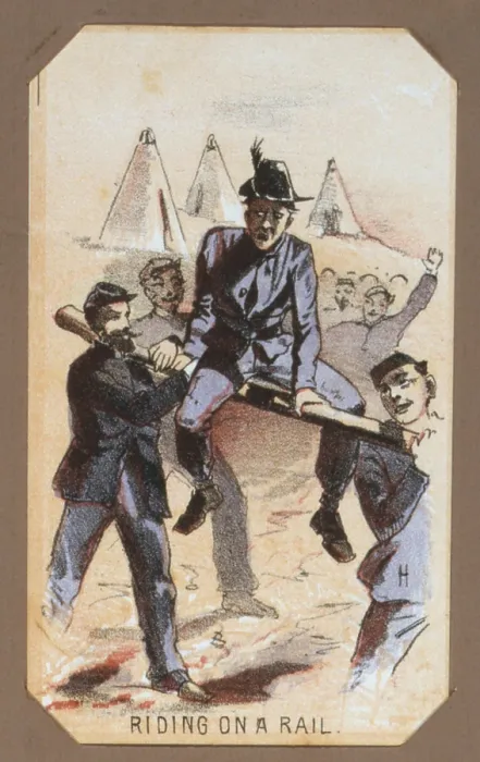 Framed Print : The Civil War, Life in Camp, Riding On A Rail, souvenir card showing the daily life of Union soldiers on the front, in the camp and on furlough, chromolithograph by Winslow Homer