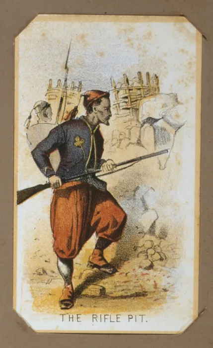 Framed Print : The Civil War, Life in Camp, The Rifle Pit, with member of the Zouave Unit, souvenir card showing the daily life of Union soldiers on the front, in the camp and on furlough