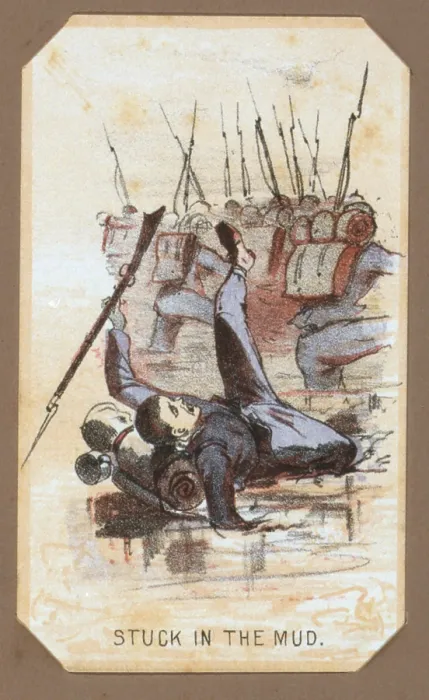 Framed Print : The Civil War, Life in Camp, Stuck In the Mud, souvenir card showing the daily life of Union soldiers on the front, in the camp and on furlough, chromolithograph by Winslow Homer
