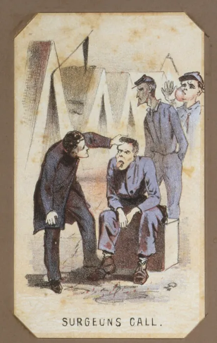 Framed Print : The Civil War, Life in Camp, Surgeon's Call, souvenir card showing the daily life of Union soldiers on the front, in the camp and on furlough