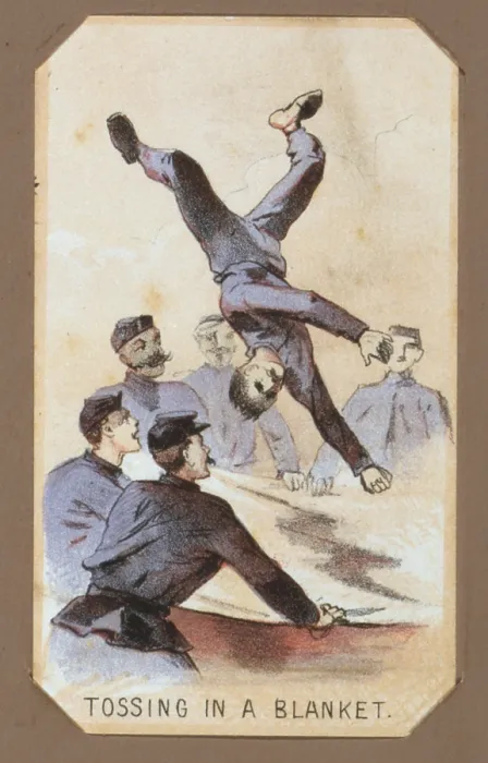 Framed Print : The Civil War, Life in Camp, Tossing on a Blanket, souvenir card showing the daily life of Union soldiers on the front, in the camp and on furlough Framed Print : The Civil War, Life in Camp, Tossing on a Blanket, souvenir card showing the daily life of Union soldiers on the front, in the camp and on furlough