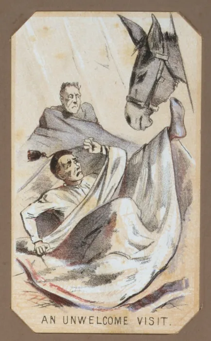 Framed Print : The Civil War, Life in Camp, An Unwelcome Visit, souvenir card showing the daily life of Union soldiers on the front, in the camp and on furlough
