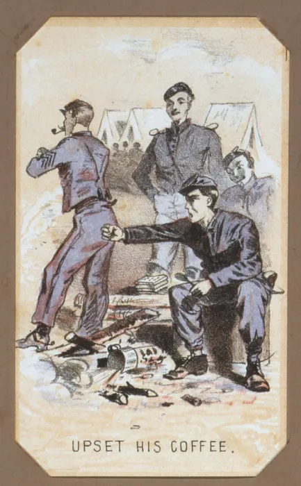 Framed Print : The Civil War, Life in Camp, Upset His Coffee, souvenir card showing the daily life of Union soldiers on the front, in the camp and on furlough, chromolithograph by Winslow Homer Framed Print : The Civil War, Life in Camp, Upset His Coffee, souvenir card showing the daily life of Union soldiers on the front, in the camp and on furlough, chromolithograph by Winslow Homer