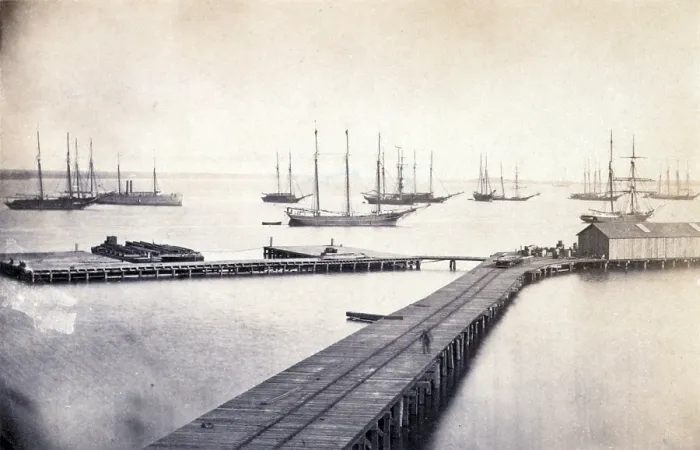 Framed Print : The Civil War, Magazine Wharf, photograph by Andrew J. Russell, City Point, Virginia, 1865