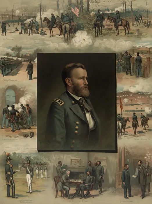 Framed Print : US Civil War. Memorial poster, Grant from West Point to Appomattox, by Thure de Thulstrup, 1885