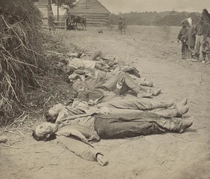 Framed Print : US Civil War. The Overland Campaign, Battle of Spotsylvania, May 8 to 18, 1864. Confederate dead laid out for burial at Spotsylvania, May 20th Framed Print : US Civil War. The Overland Campaign, Battle of Spotsylvania, May 8 to 18, 1864. Confederate dead laid out for burial at Spotsylvania, May 20th