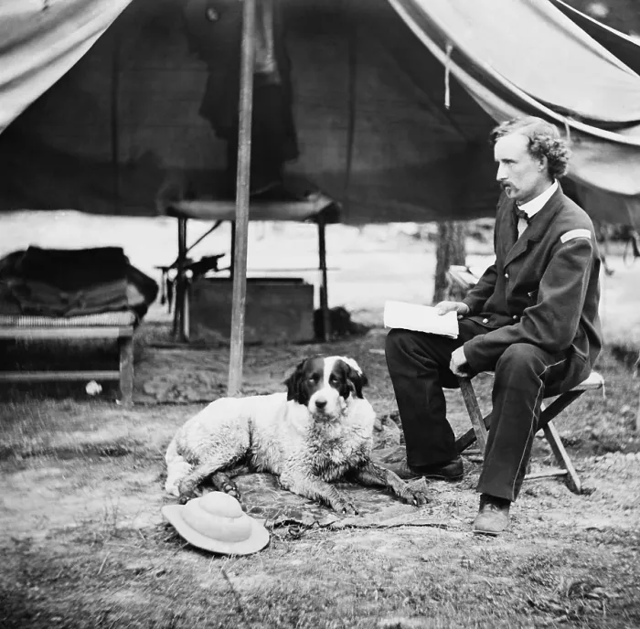 Framed Print : US Civil War, Peninsula Campaign, April-August, 1862. Lieut. George Armstrong Custer seated in front of a camp tent with dog