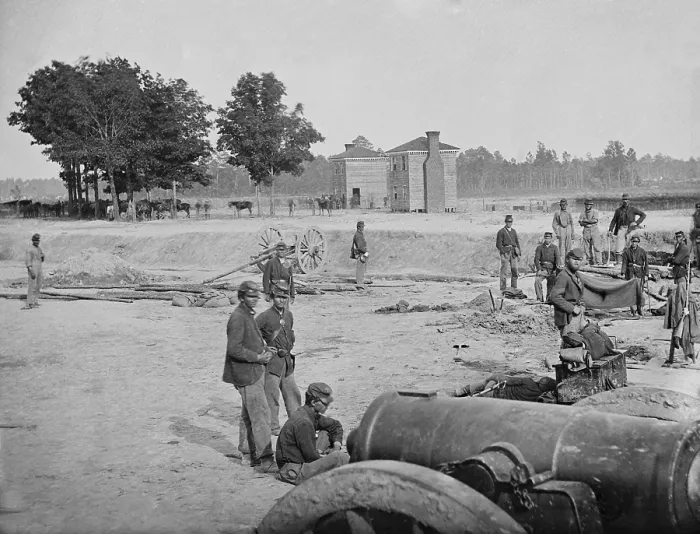 Framed Print : US Civil War, Peninsula Campaign, April-August, 1862. Union forces on the Fair Oaks / Seven Pines battlefield, with its landmark twin houses in the background