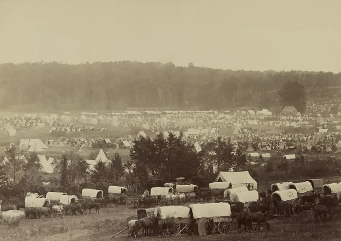 Framed Print : US Civil War, Peninsula Campaign, April-August, 1862. Army covered wagons parked at the encampment of Army of Potomac at Cumberland Landing on the Pamunky River, Virginia