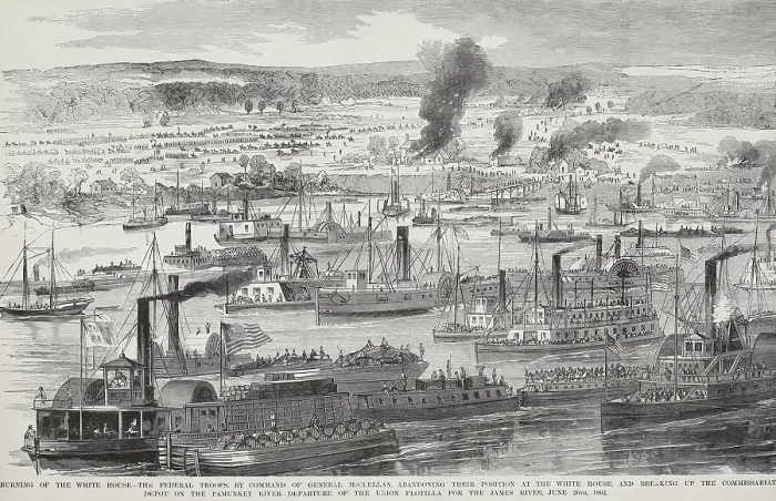 Framed Print : US Civil War, Peninsula Campaign, April-August, 1862. The departure of the Union flotilla from White House Landing to Harrison Landing on the James River, June 26, 1862