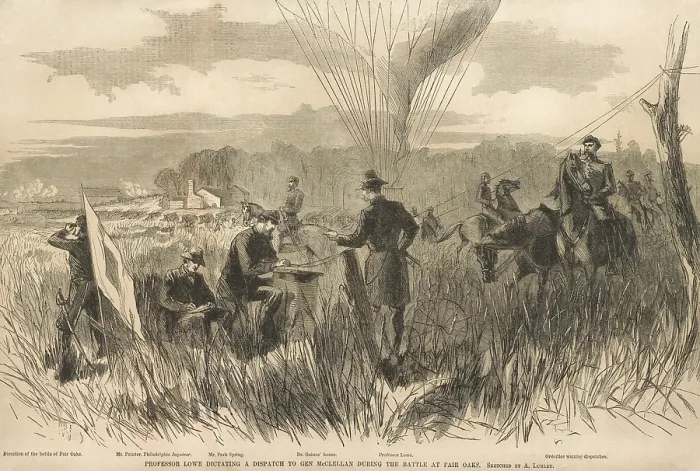 Framed Print : US Civil War, Peninsula Campaign, April-August, 1862. Battle of Fair Oaks / Battle of Seven Pines. Chief Aeronaut, Professor Thaddeus Lowe, dictating a dispatch to Gen