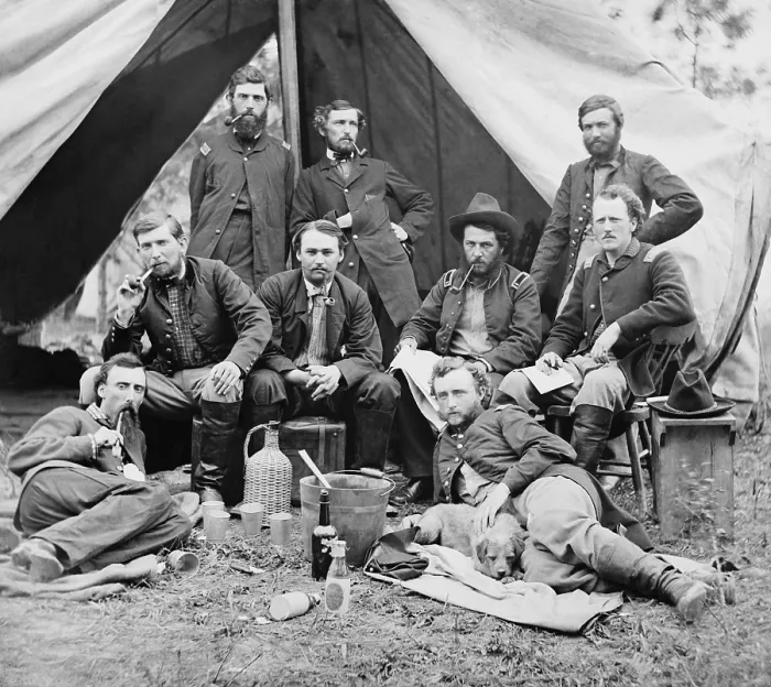 Framed Print : US Civil War, Peninsula Campaign, June 25-July 1, 1862. The staff of Brigadier Gen. Fitz John Porter (standing, left) and his staff relax at camp. Lieut
