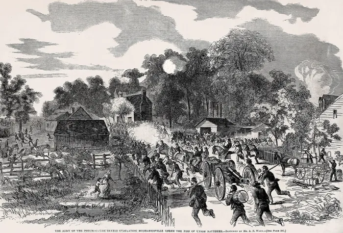 Framed Print : US Civil War, Peninsula Campaign, Seven Days Battles, June 25-July 1, 1862. Confederates evacuate Mechanicsville under fire of Union cannons on June 26. From drawing by A.R Framed Print : US Civil War, Peninsula Campaign, Seven Days Battles, June 25-July 1, 1862. Confederates evacuate Mechanicsville under fire of Union cannons on June 26. From drawing by A.R