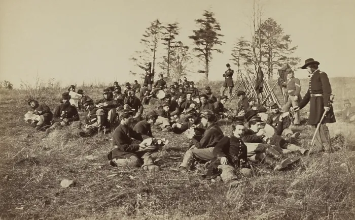 Framed Print : US Civil War. Petersburg Campaign, June 9, 1864 to March 25, 1865. Company B, 170th New York Infantry taking a break in front of Petersburg, Virginia Framed Print : US Civil War. Petersburg Campaign, June 9, 1864 to March 25, 1865. Company B, 170th New York Infantry taking a break in front of Petersburg, Virginia