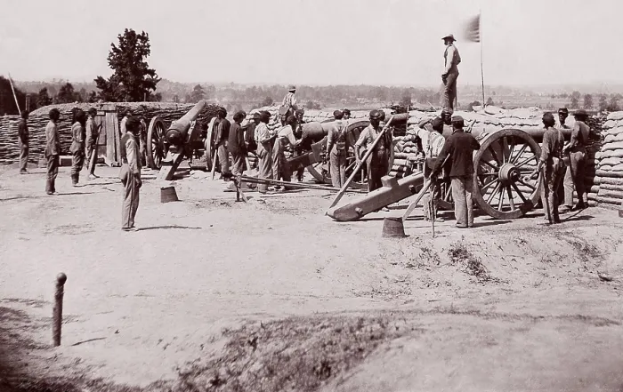 Framed Print : US Civil War. Petersburg Campaign, June 9, 1864 to March 25, 1865. African American artillery men is position at the three gun battery Framed Print : US Civil War. Petersburg Campaign, June 9, 1864 to March 25, 1865. African American artillery men is position at the three gun battery