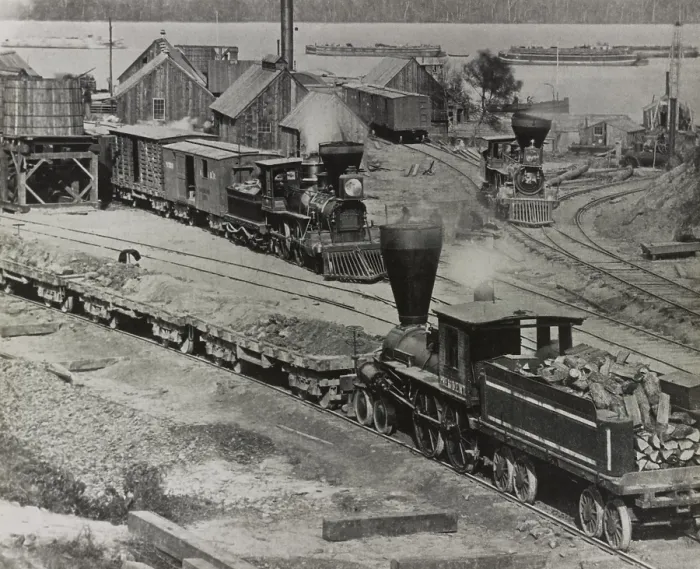 Framed Print : US Civil War, Petersburg Campaign, June 9, 1864 to March 25, 1865. Three US Military Railroad locomotives in operation on the wharf at City Point, Virginia (BSLOC_2018_9_137)
