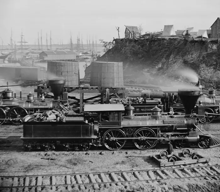 Framed Print : US Civil War. Petersburg Campaign, June 9, 1864 to March 25, 1865. Locomotives of the U.S. Military Railroad at the Union wharf and headquarters at City Point, on the James River Framed Print : US Civil War. Petersburg Campaign, June 9, 1864 to March 25, 1865. Locomotives of the U.S. Military Railroad at the Union wharf and headquarters at City Point, on the James River