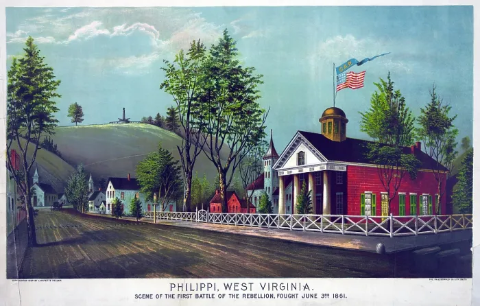 Framed Print : The Civil War. Philippi, West Virginia, scene of the first battle of the rebellion, fought June 3rd 1861. Color lithograph, 1896 Framed Print : The Civil War. Philippi, West Virginia, scene of the first battle of the rebellion, fought June 3rd 1861. Color lithograph, 1896