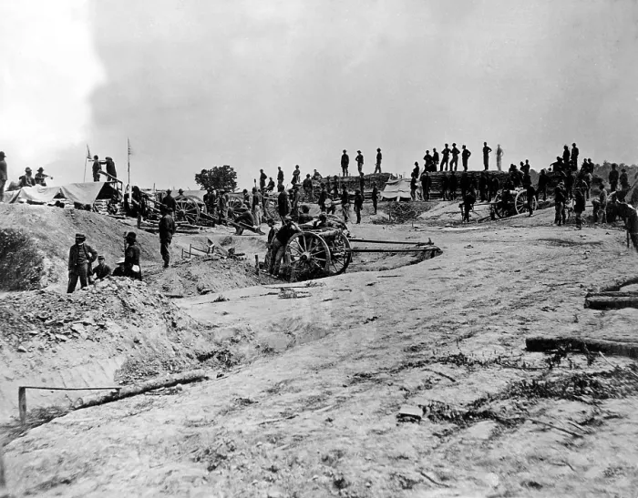 Framed Print : CIVIL WAR-Photo shows Mathew B. Brady, famed Civil War photographer, in civilian clothers at the left with a Union artillery unit at Petersburg, Va