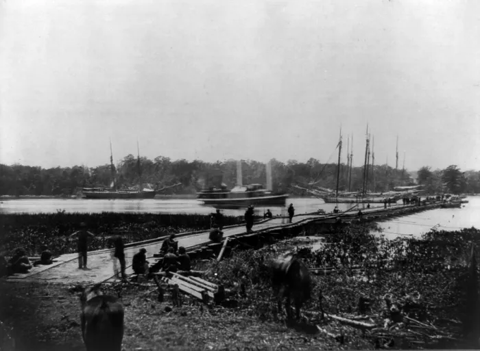 Framed Print : The Civil War. Pontoon bridge across the James River, Virginia. 1864