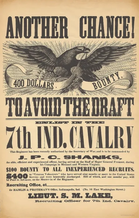 Framed Print : US Civil War recruiting poster for the 7th Indiana Cavalry offers enlistment as a way to order the 1863 Union military draft