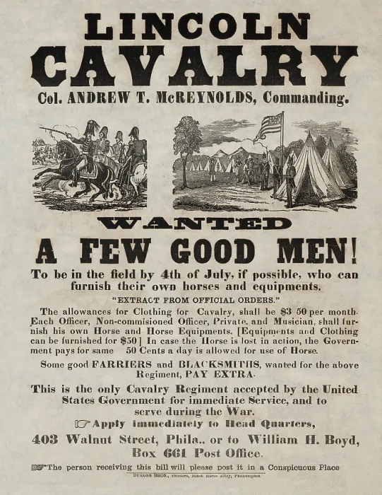 Framed Print : US Civil War recruiting poster for the Lincoln Calvary, being raised by an Irish born New York lawyer, Andrew T. McReynolds Framed Print : US Civil War recruiting poster for the Lincoln Calvary, being raised by an Irish born New York lawyer, Andrew T. McReynolds