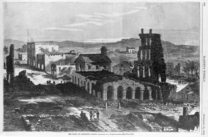 Framed Print : The Civil War, The ruins of buildings in Lawrence, Kansas, following attack by William Quantrill and his Confederate raiders. Woodcut ca. 1863