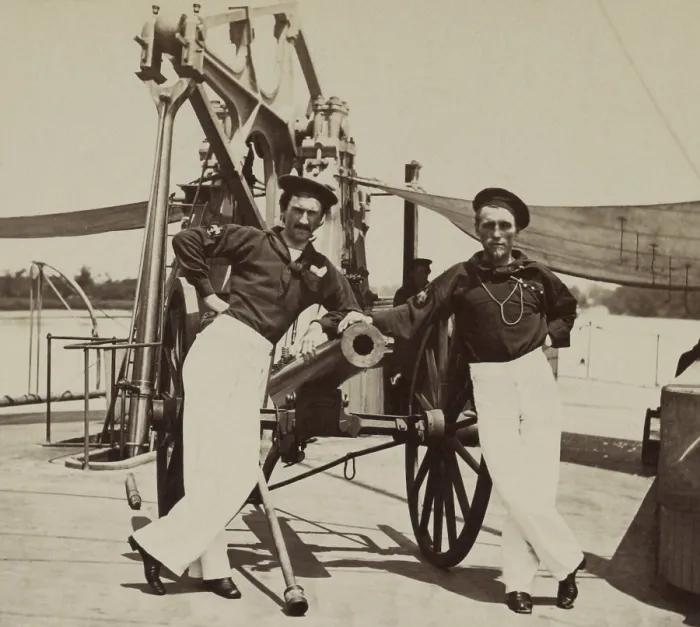 Framed Print : US Civil War. Two sailors on deck of Union ship, USS Hunchback, a side-wheeler, steam-powered gunboat. She was converted from New York City ferry built in 1852 (BSLOC_2018_8_59) Framed Print : US Civil War. Two sailors on deck of Union ship, USS Hunchback, a side-wheeler, steam-powered gunboat. She was converted from New York City ferry built in 1852 (BSLOC_2018_8_59)
