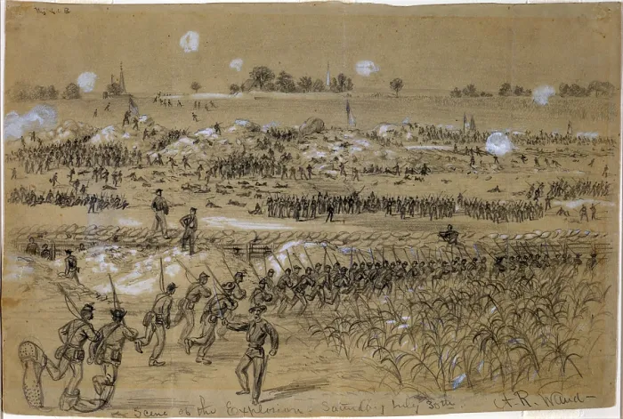 Framed Print : The Civil War, scene of the explosion of Petersburg mine, Virginia. Figure on left has oversized shoes. Drawing on light green paper, by Alfred R. Waud, July 30, 1864 Framed Print : The Civil War, scene of the explosion of Petersburg mine, Virginia. Figure on left has oversized shoes. Drawing on light green paper, by Alfred R. Waud, July 30, 1864