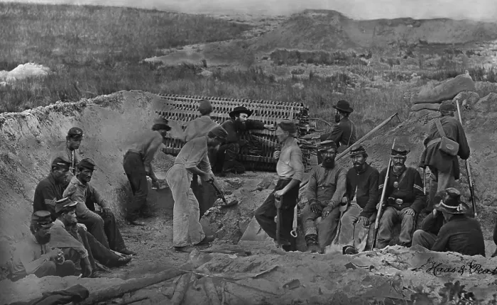 Framed Print : US Civil War. Siege of Charleston, 1863. Union engineers digging zig-zag trenches to approach Fort Wagner (upper right)