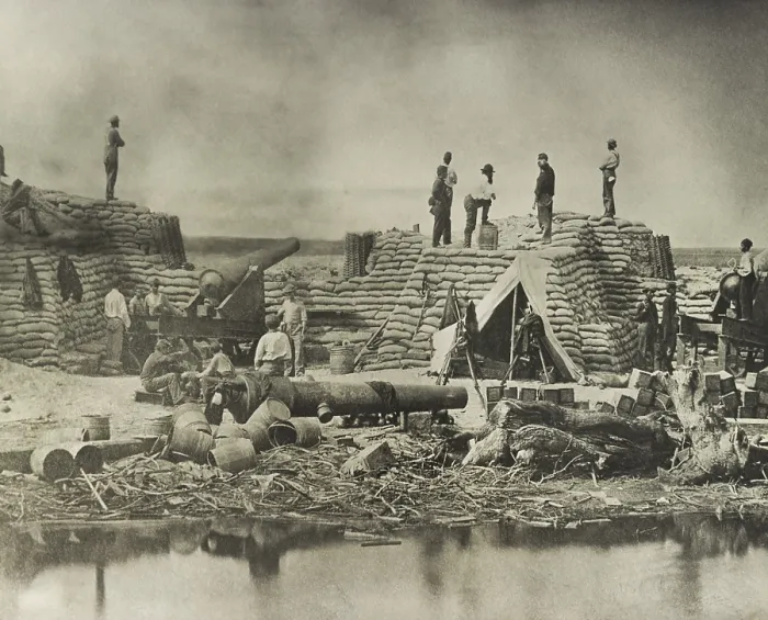 Framed Print : US Civil War. Siege of Charleston, 1863. Two 100-pounder Parrot Rifled cannons at Battery Stevens aimed at Fort Sumter, almost two and a half miles away