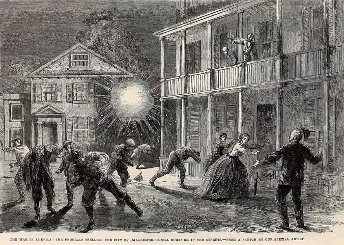 Framed Print : US Civil War. Siege of Charleston, 1863. A shell bursting among civilians in the streets of Charleston, SC Framed Print : US Civil War. Siege of Charleston, 1863. A shell bursting among civilians in the streets of Charleston, SC