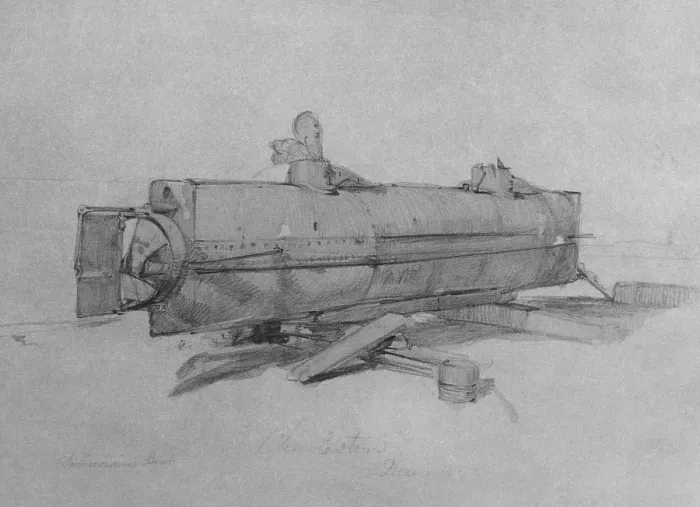 Framed Print : US Civil War. Siege of Charleston, 1863-65. CSS H.L. Hunley, was a small, hand-powered submarine, built in 1863 in Mobile, Alabama Framed Print : US Civil War. Siege of Charleston, 1863-65. CSS H.L. Hunley, was a small, hand-powered submarine, built in 1863 in Mobile, Alabama