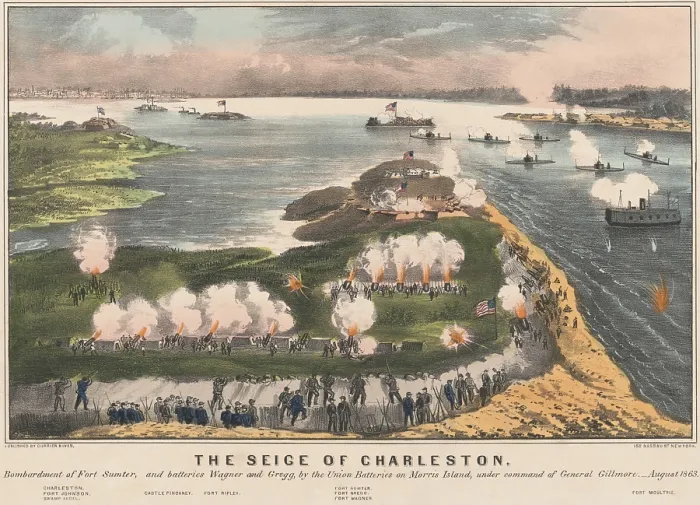 Framed Print : US Civil War. Siege of Charleston, August 1863. Two rows of Union mortar batteries bombard Fort Wagner and Gregg Battery on Morris Island