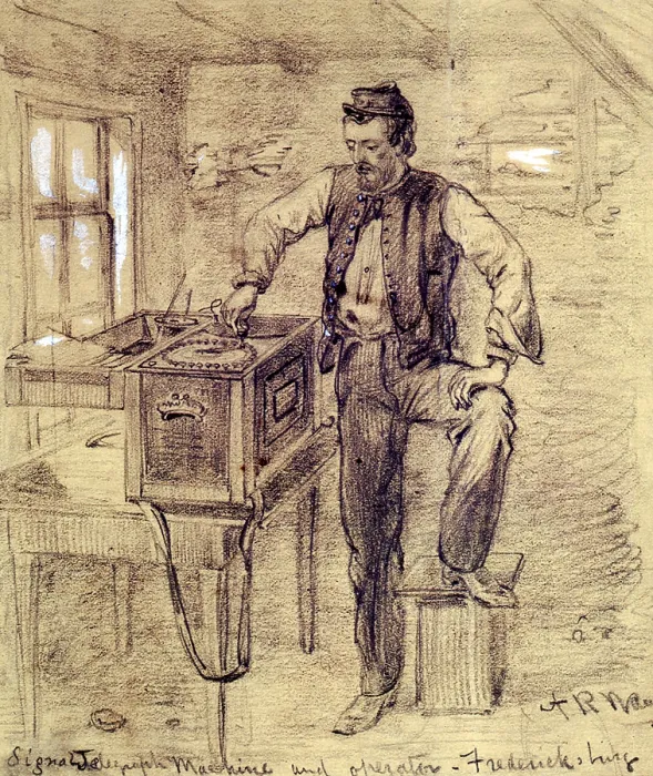Framed Print : The Civil War. Signal Telegraph Machine and operator - Fredericksburg, Va. Pencil drawing by Alfred Waud, Dec. 1862