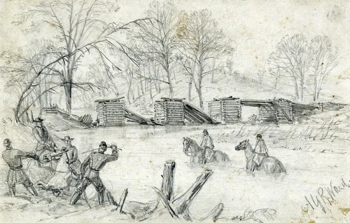 Framed Print : The Civil War. Soldiers on horseback crossing a river near a collapsed bridge. Drawing by Alfred Waud. March, 1864 Framed Print : The Civil War. Soldiers on horseback crossing a river near a collapsed bridge. Drawing by Alfred Waud. March, 1864