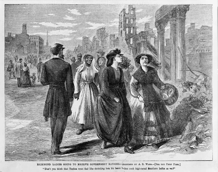 Framed Print : The Civil War. Southern ladies walk by Union soldier and ruins of Richmond going to receive government rations