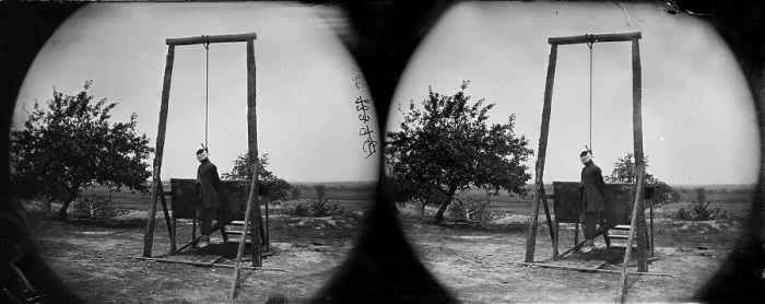 Framed Print : The Civil War, stereoview of an executed African American man, title: The hanged body of William Johnson, A negro soldier, Jordan's Farm, Petersburg, Virginia
