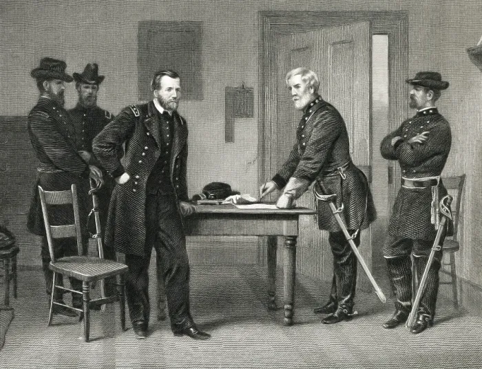 Framed Print : US Civil War. Surrender at Appomattox. Conjectural depiction of the surrender signing in the parlor of the McLean House, April 9, 1865
