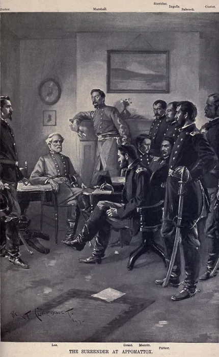 Framed Print : US Civil War. Surrender at Appomattox. Conjectural image of the surrender signing in the parlor of the McLean House, April 9, 1865. Left to right: Horace Porter; Robert E Framed Print : US Civil War. Surrender at Appomattox. Conjectural image of the surrender signing in the parlor of the McLean House, April 9, 1865. Left to right: Horace Porter; Robert E