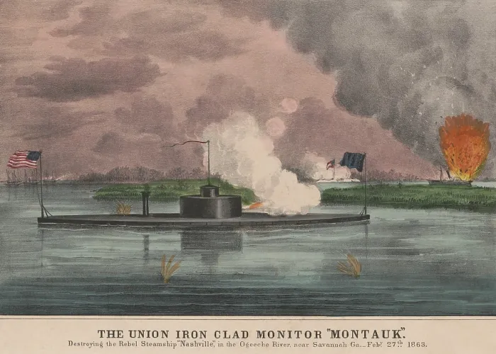 Framed Print : US Civil War, Union ironclad monitor USS Montauk, destroying the Confederate steamship and blockade runner, CSS Nashville, Feb. 27, 1863 Framed Print : US Civil War, Union ironclad monitor USS Montauk, destroying the Confederate steamship and blockade runner, CSS Nashville, Feb. 27, 1863